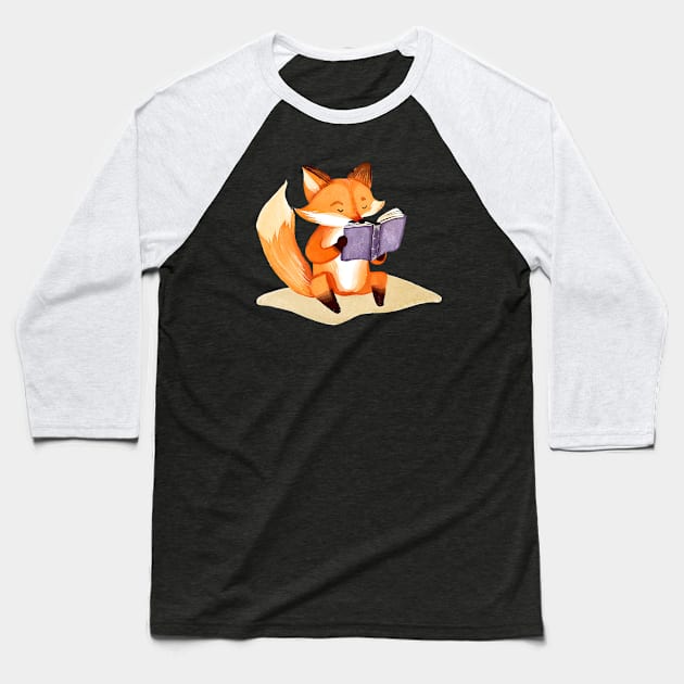 Cute Watercolor Fox Reading a Book Baseball T-Shirt by FarmOfCuties